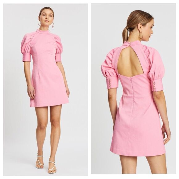 Rebecca Vallance Winslow Pink Puff Sleeve Open Back Mini Dress Size US 6 - Picture 1 of 9